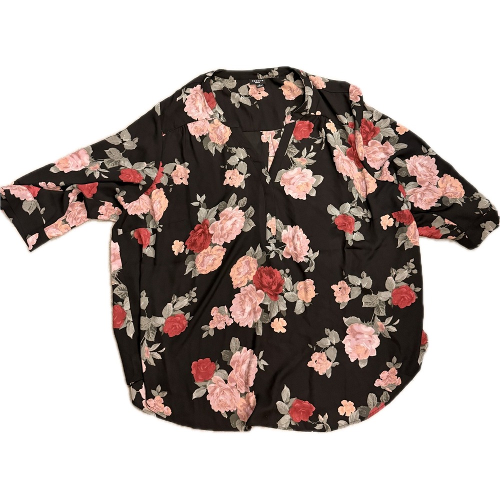 Torrid Harper Blouse Womens 5 Black Pink Red Floral Georgette V-Neck Top